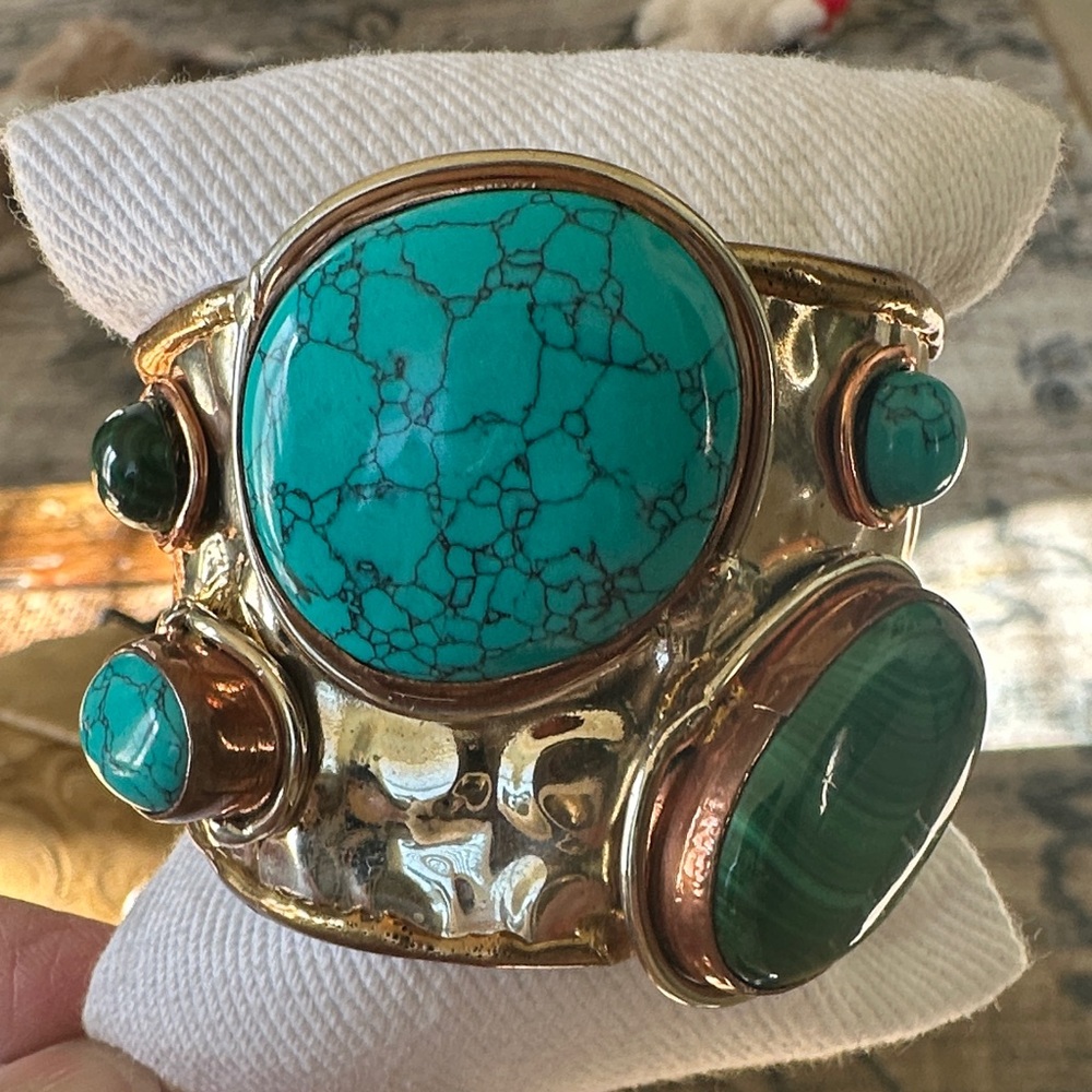 Turquoise and Green Stone Silver & Brass Cuff Bracelet
